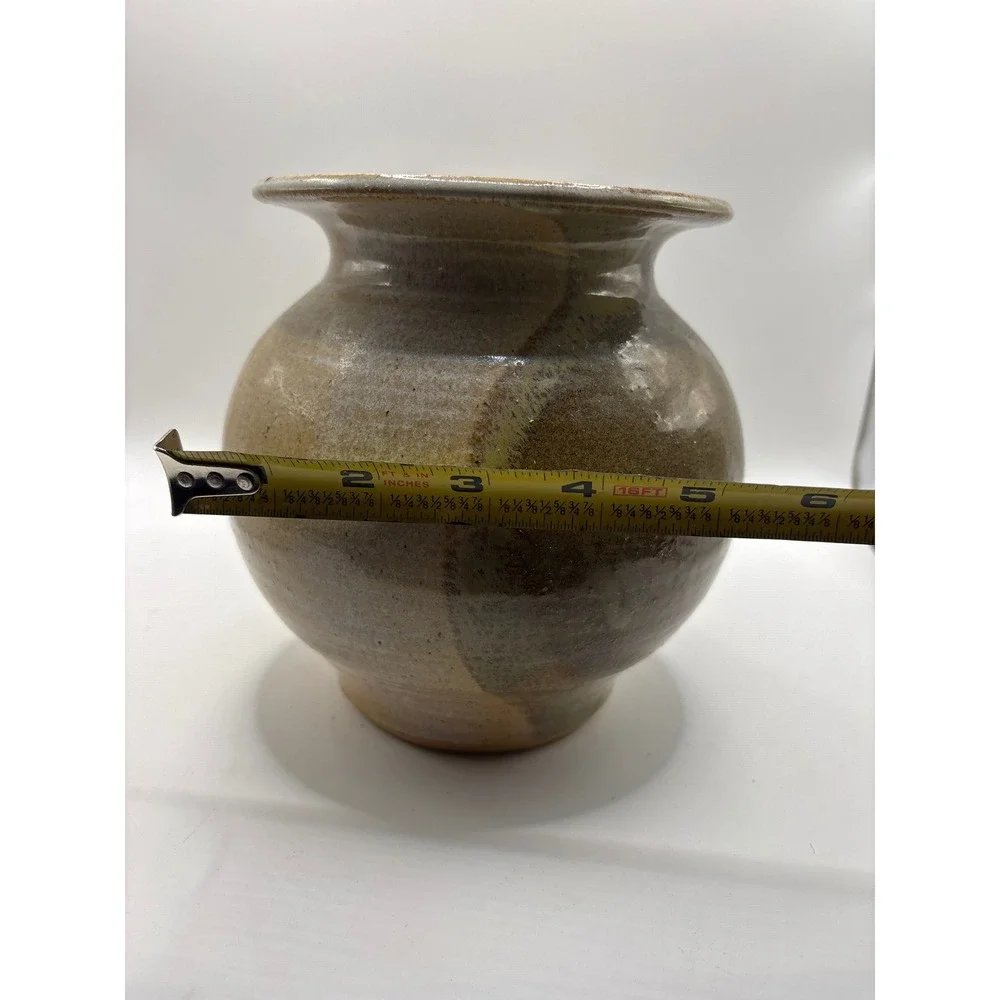 Handmade Studio Pottery Vase Earthy Glaze Round Bulbous Flared Rim 6.5 Inch